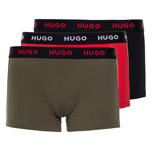 Hugo ανδρικά 3pack boxers βαμβακερά σε μαύρο κόκκινο και χακί χρώμα με μαύρο λάστιχο 50517878 964